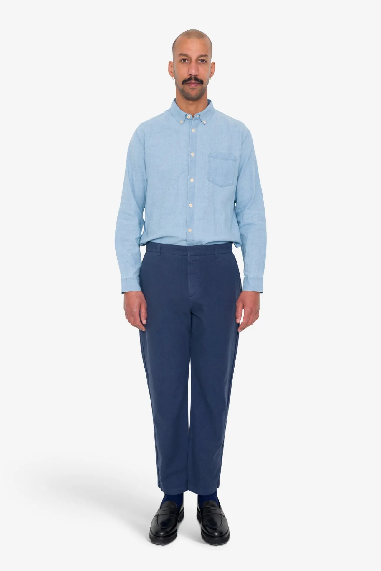 Fixed Waistband Cotton Linen Trouser - Soft Navy
