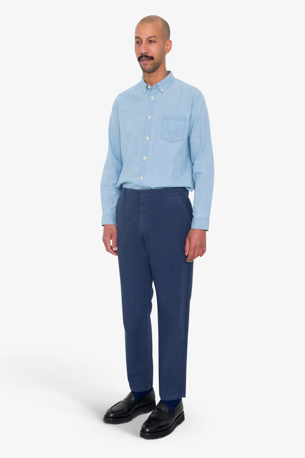 Fixed Waistband Cotton Linen Trouser - Soft Navy